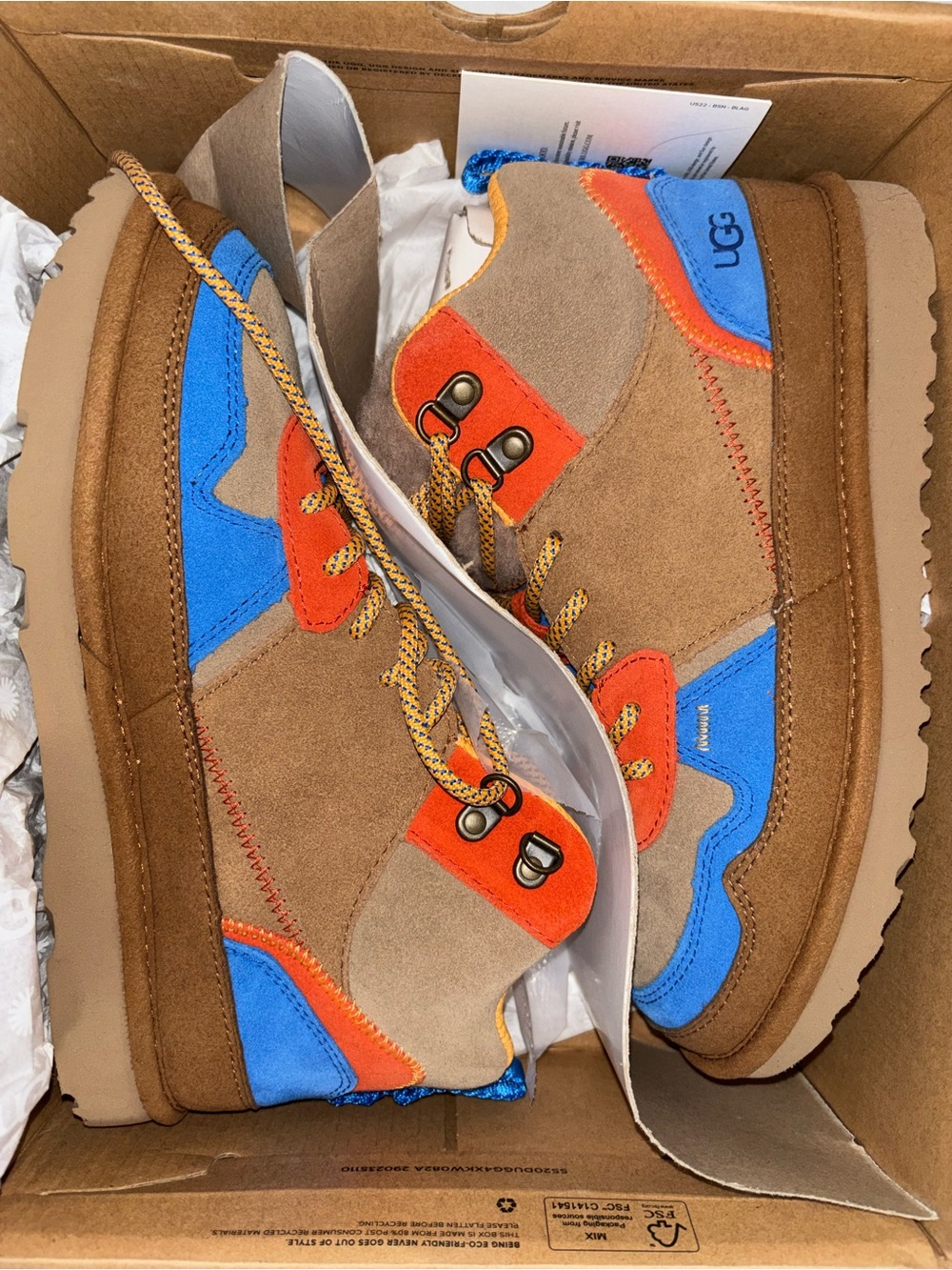 UGG Kids Brown Suede Boots with Blue & Orange Accents
